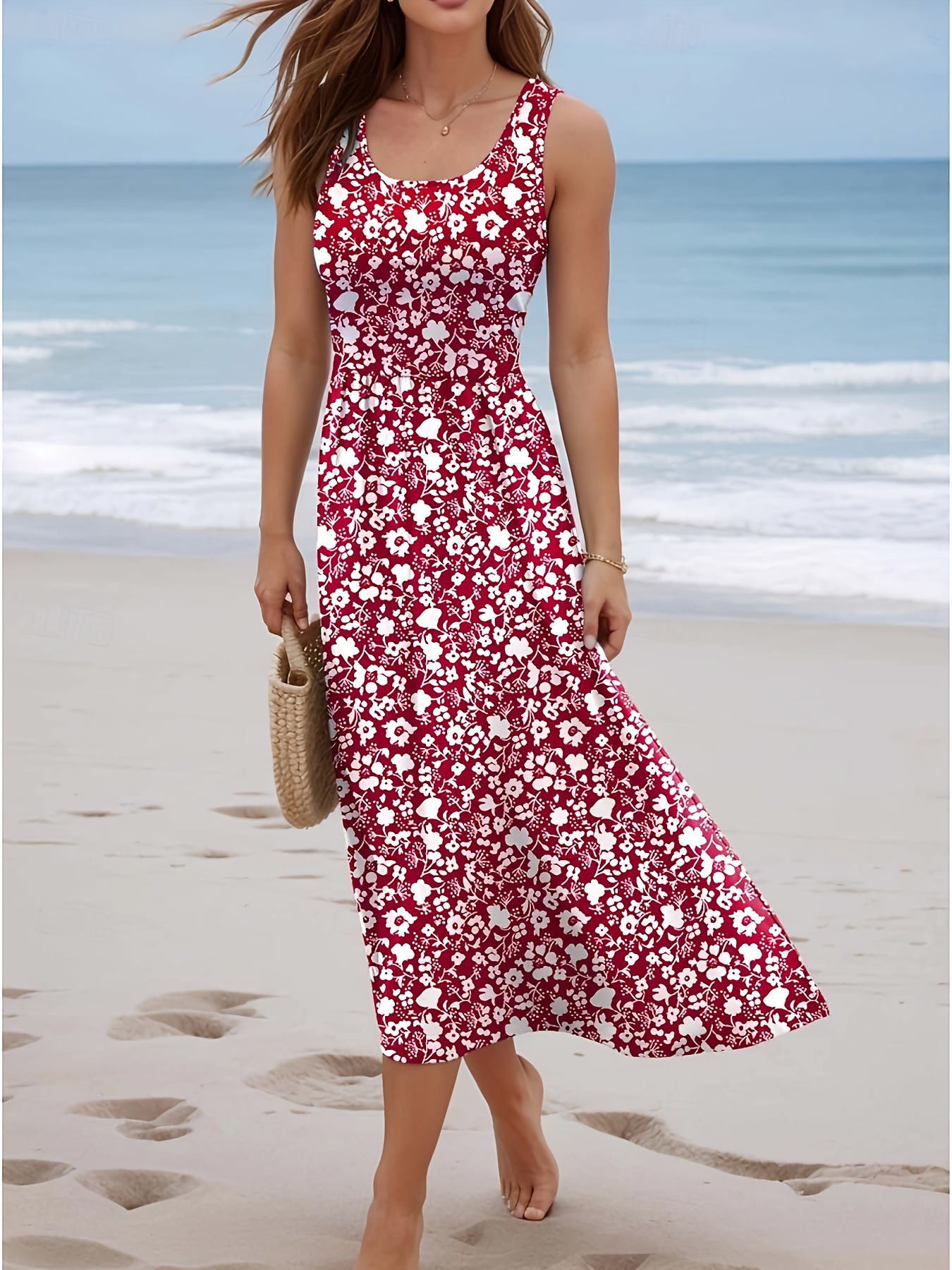Sundress Midi Floral - Women Summer Sleeveless Floral Midi Dress