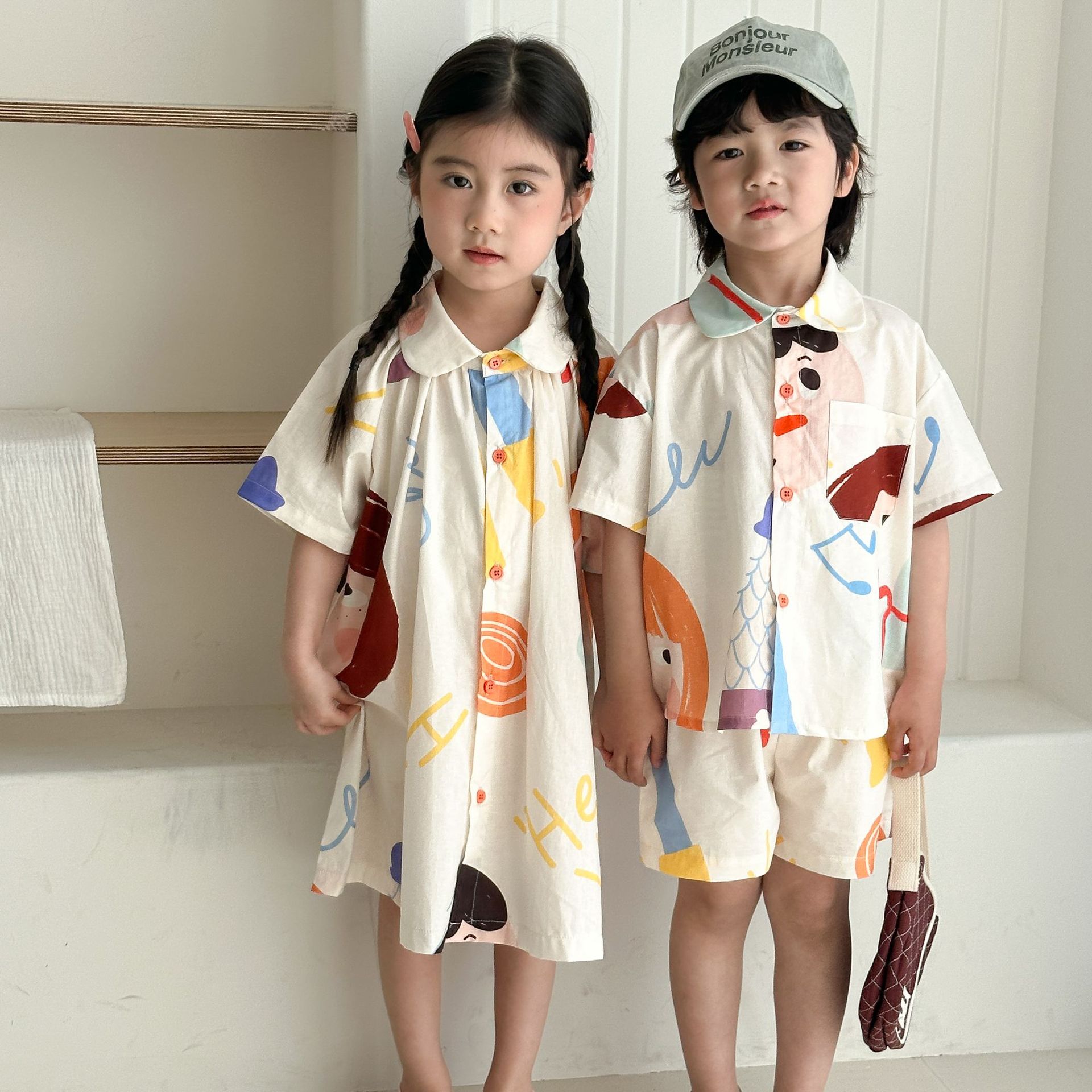 Summer Clothing Looks - New Boys Girls Drawing Print Matching