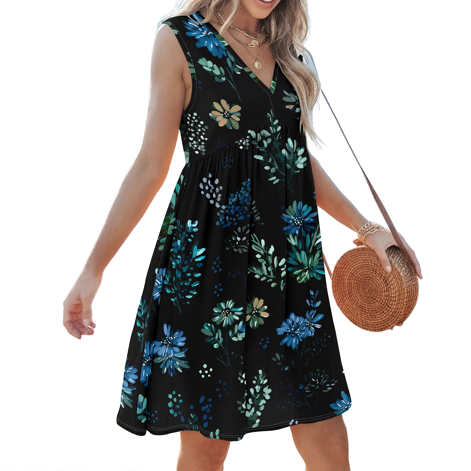 Floral Print Sleeveless V-Neck - Sundress Midi Floral 리뷰 및 가격