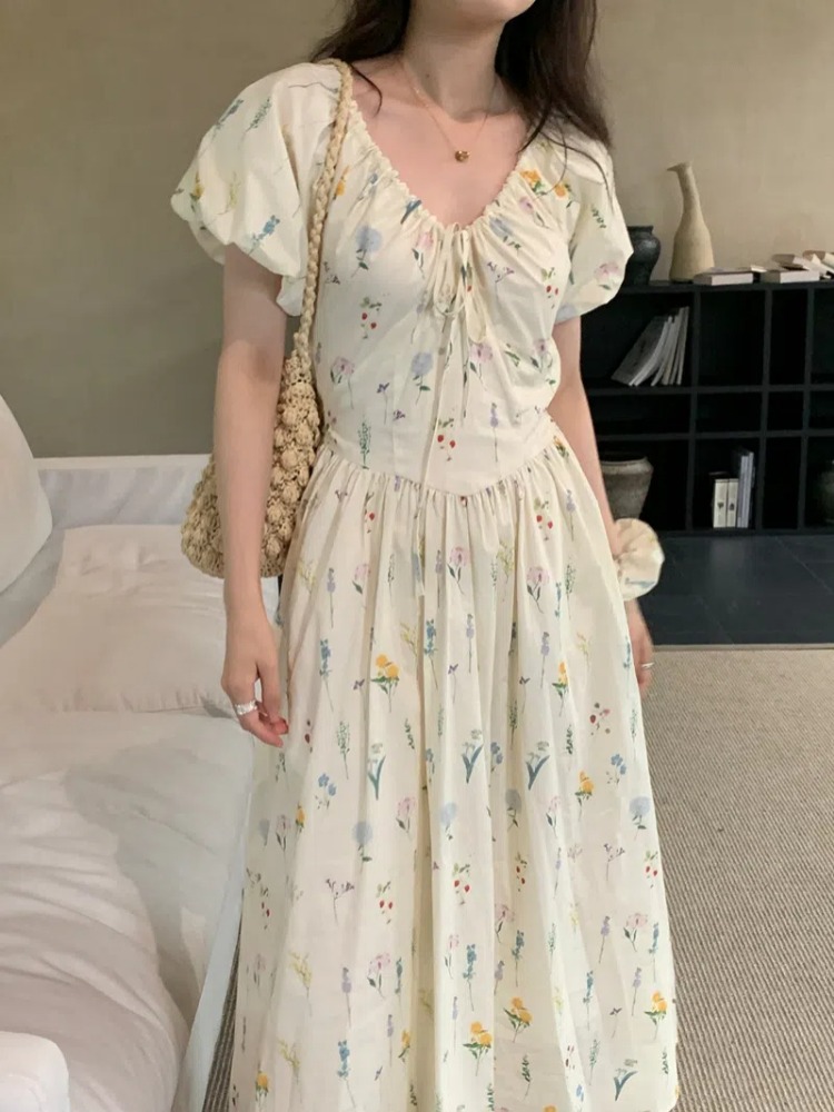 Vintage V Neck Puff Sleeve Lon - Sundress Midi Floral 리뷰 및 가격