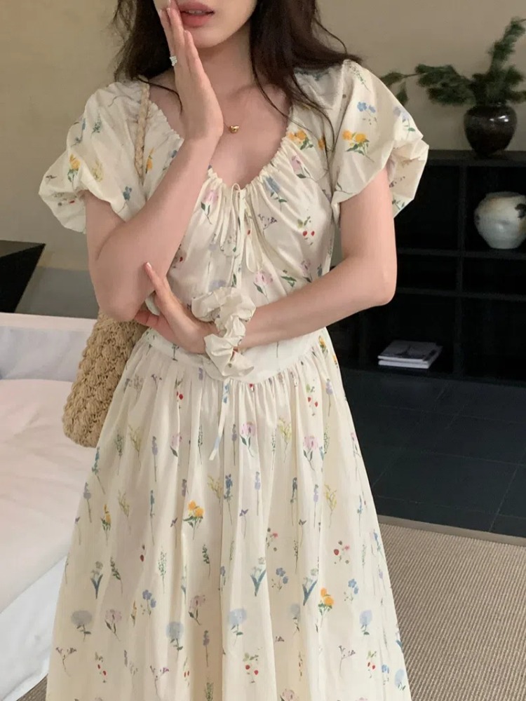 Vintage V Neck Puff Sleeve Lon - Sundress Midi Floral 리뷰 및 가격