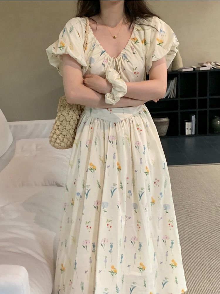 Vintage V Neck Puff Sleeve Lon - Sundress Midi Floral 리뷰 및 가격
