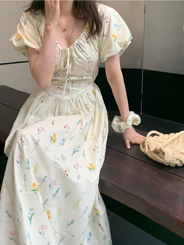 Vintage V Neck Puff Sleeve Lon - Sundress Midi Floral 리뷰 및 가격