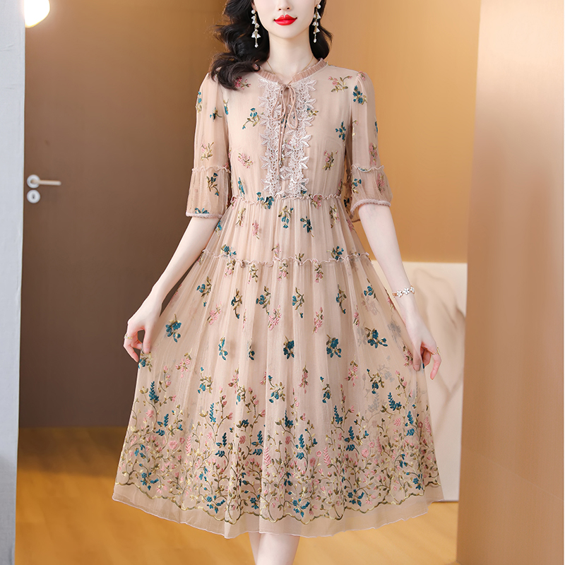 Women Floral Natural Silk Embr - Sundress Midi Floral 리뷰 및 가격