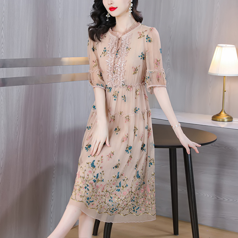 Women Floral Natural Silk Embr - Sundress Midi Floral 리뷰 및 가격